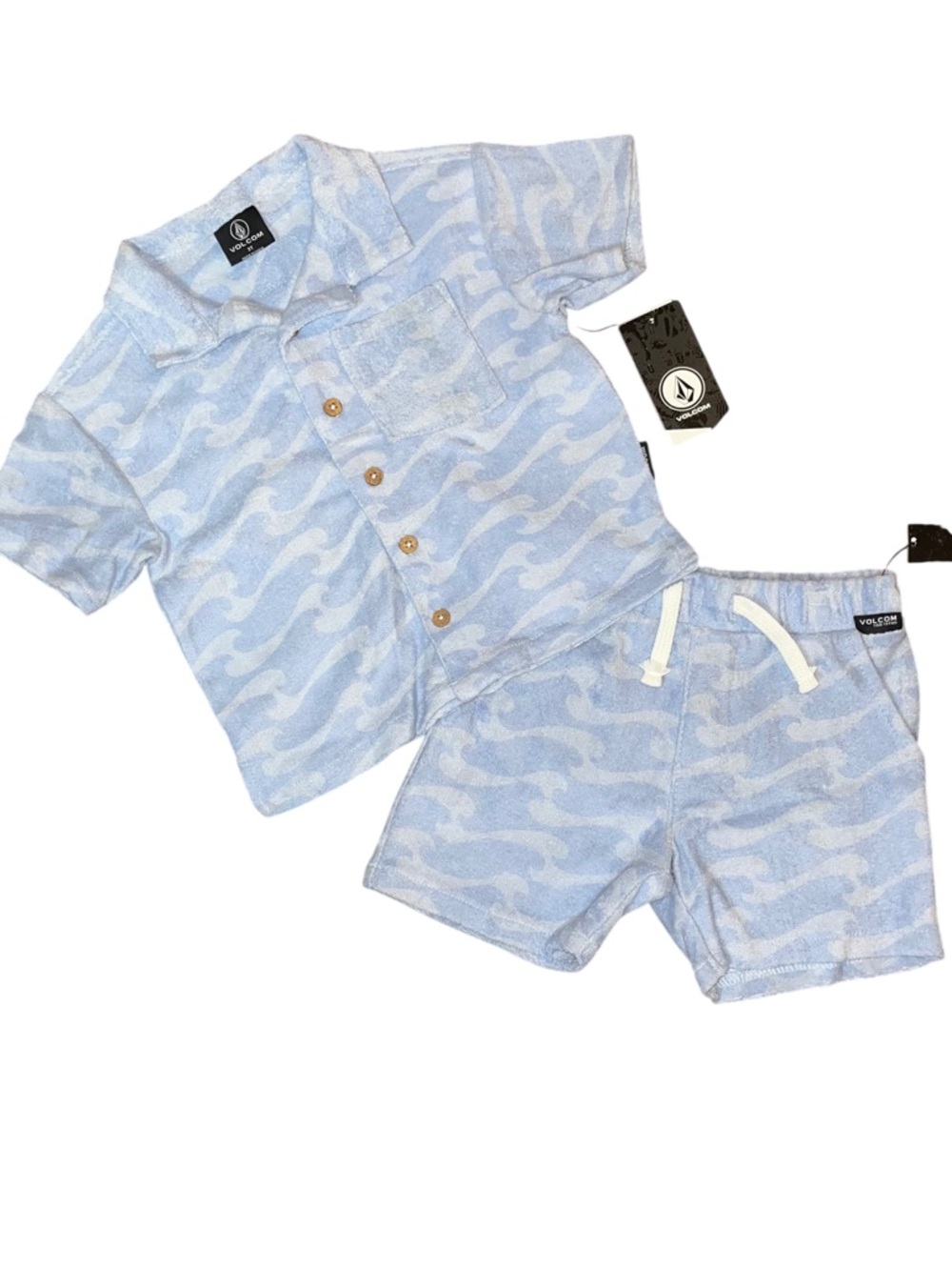 Volcom Light Blue Wave Terry Cloth Shorts Button Collar Shirt Set NWT 3T